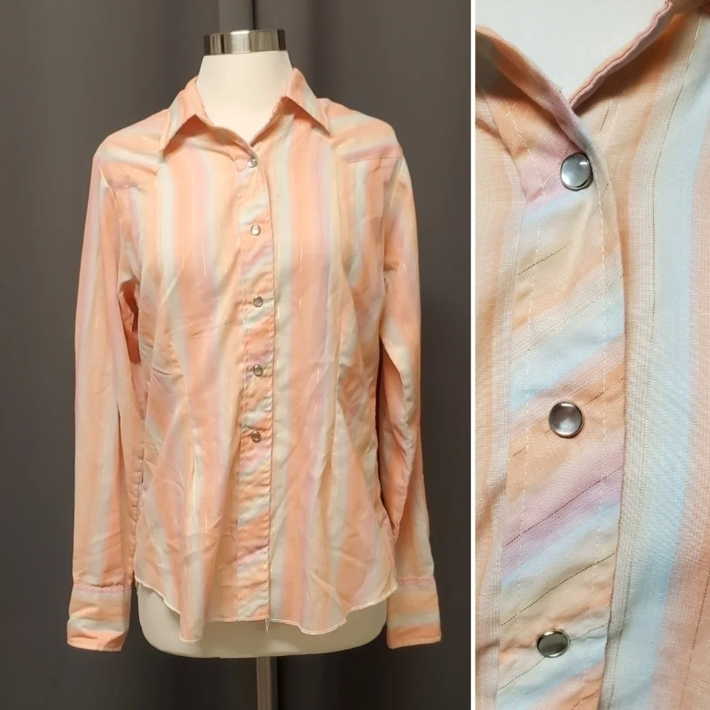 Vintage 70s H BAR C Western Striped Pastel‎ Rainbow Pearl Snap Button Down Shirt